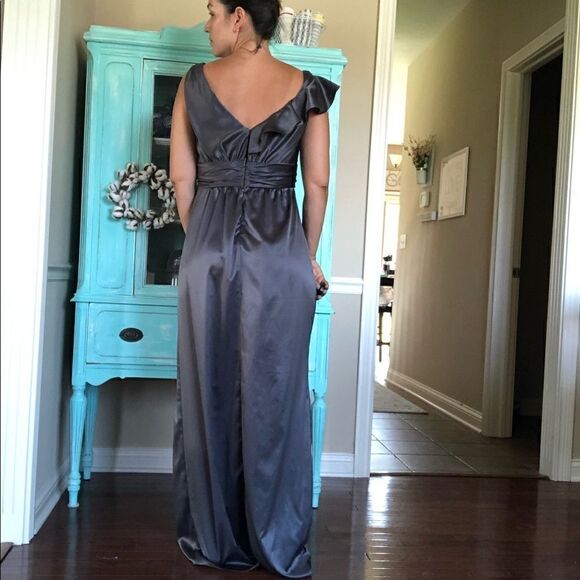 Amsale Satin Gray Gunmetal Ruffle Bridesmaids Dress Size 12 Sleeveless Wedding - Picture 4 of 10